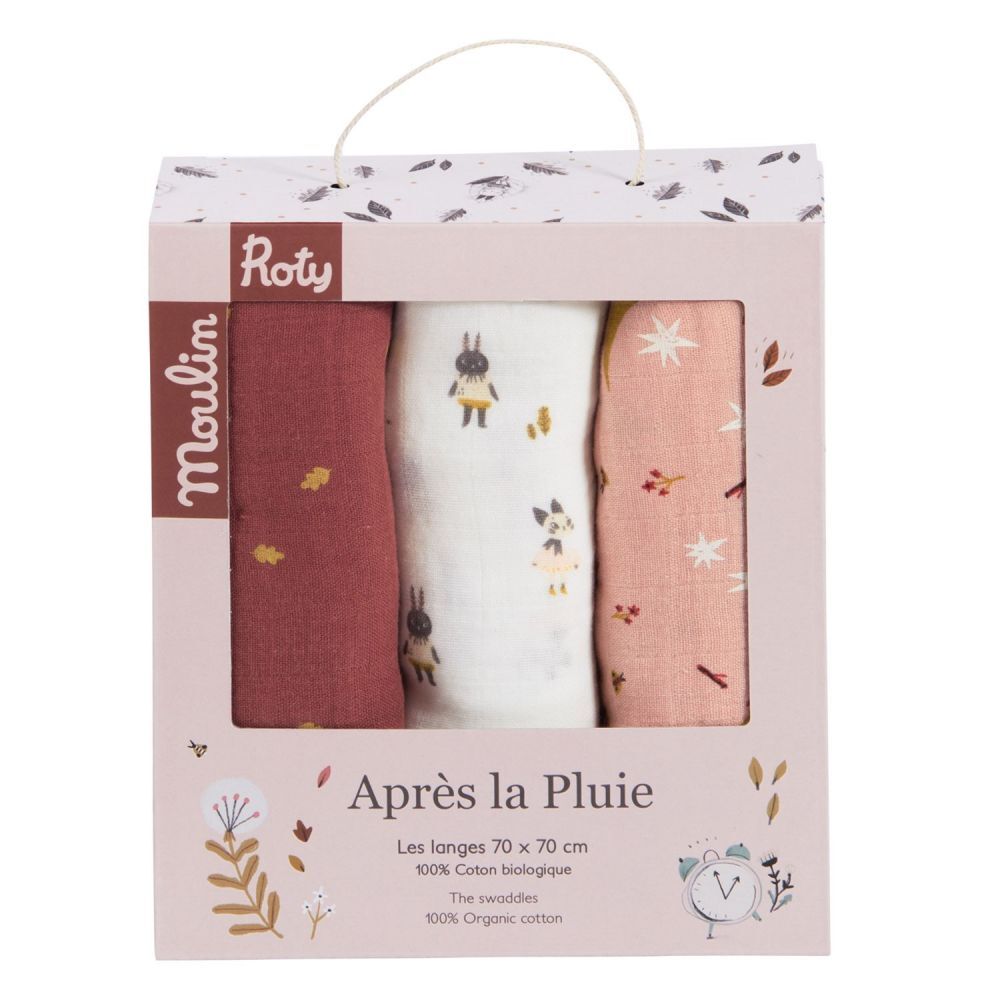SET DE 3 LANGES IMPRIMES APRES LES PLUIE - MOULIN ROTY - Brodé